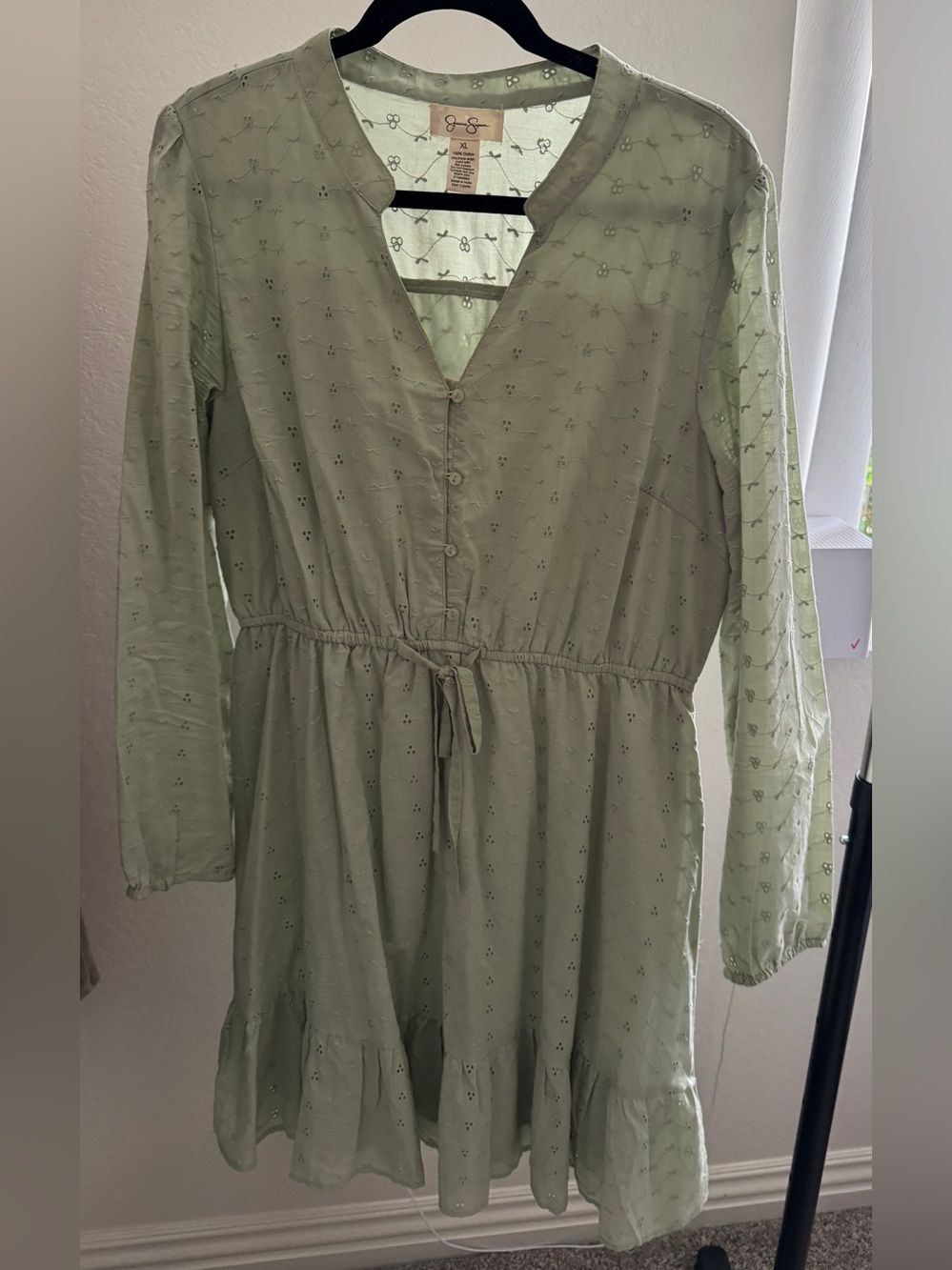 Jessica Simpson Sage Green Eyelet Button-Front Tie-Waist Dress